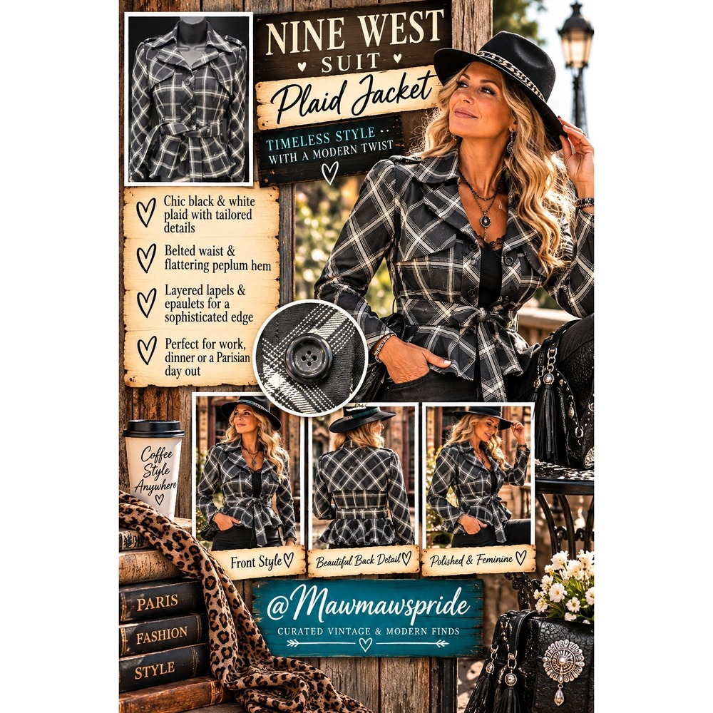 Nine West Y2K Style Plaid Peplum Jacket 4 Belted Dark Academia Preppy Punk